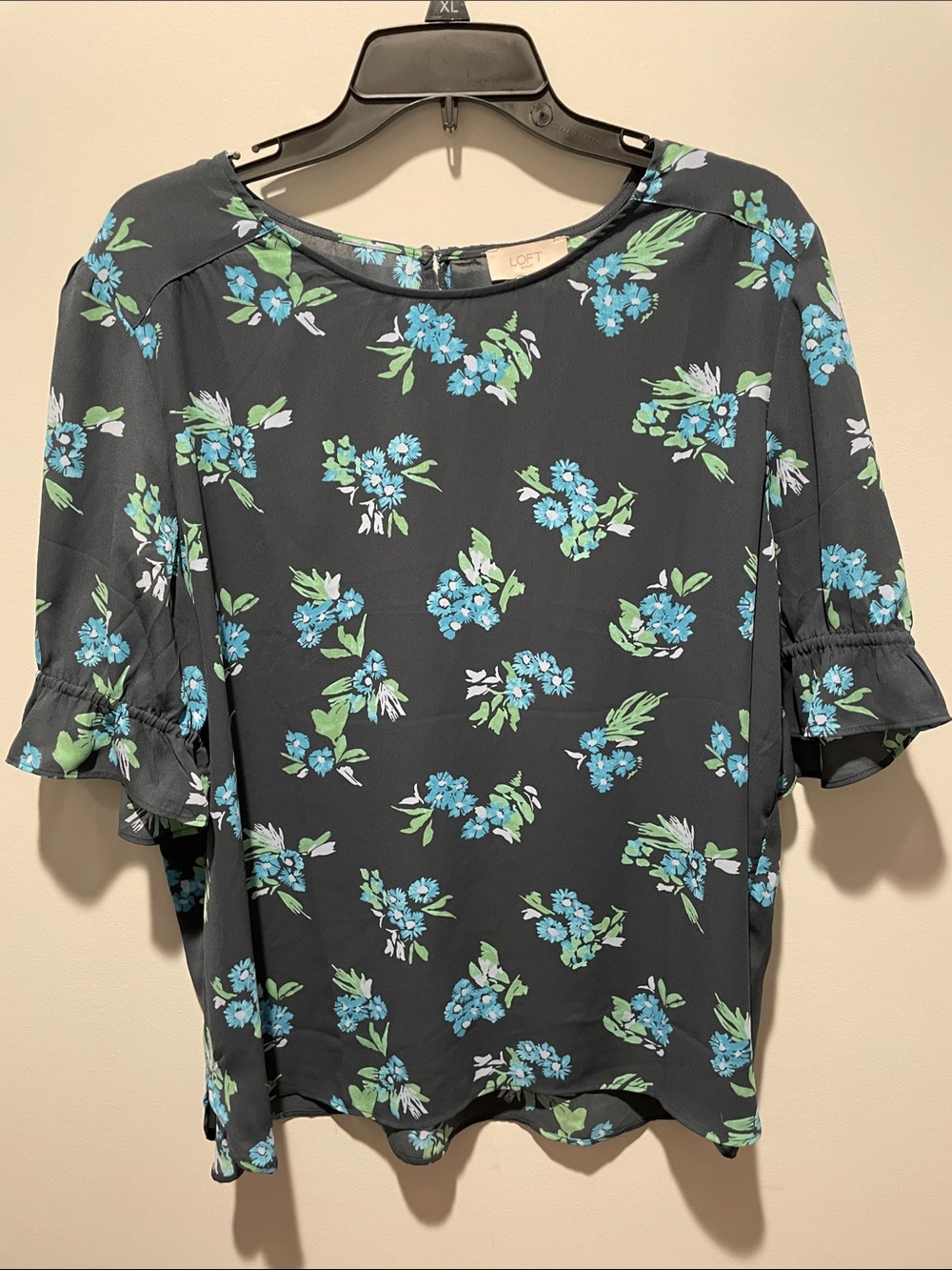 LOFT Dark Navy Blue Floral Ruffle-Sleeve Blouse